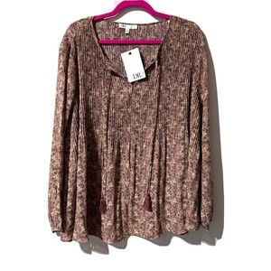 DR2 by Daniel Rainn Blouse Size 1X Pleated Tassels Ditsy Floral Mauve Top NWT